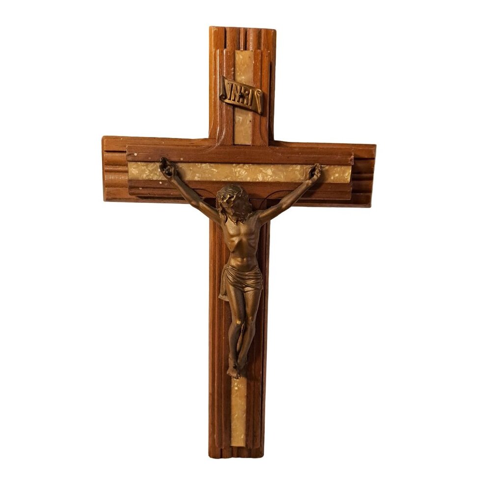 Vintage 1940s Wood Crucifix Sick Call Set 13” INRI Inner Compartment Cross